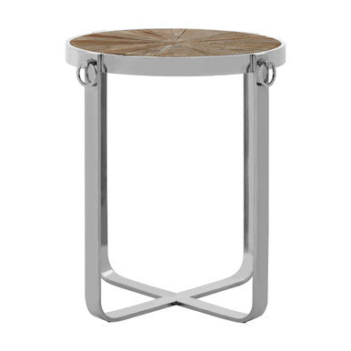 Orsina Mitra Elm Wood Side Table with Silver Stainless Steel Base