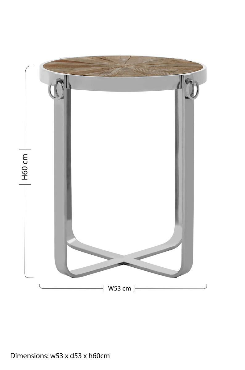 Orsina Mitra Elm Wood Side Table with Silver Stainless Steel Base