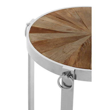 Orsina Mitra Elm Wood Side Table with Silver Stainless Steel Base
