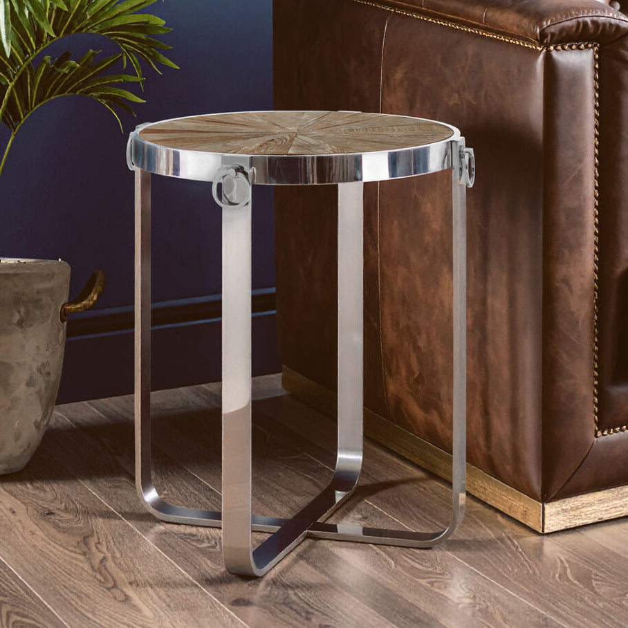 Orsina Mitra Elm Wood Side Table with Silver Stainless Steel Base