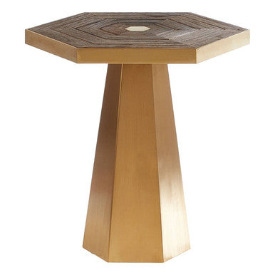 Orsina Small Hexagon End Table – Grooved Elm Wood and Gold Accent