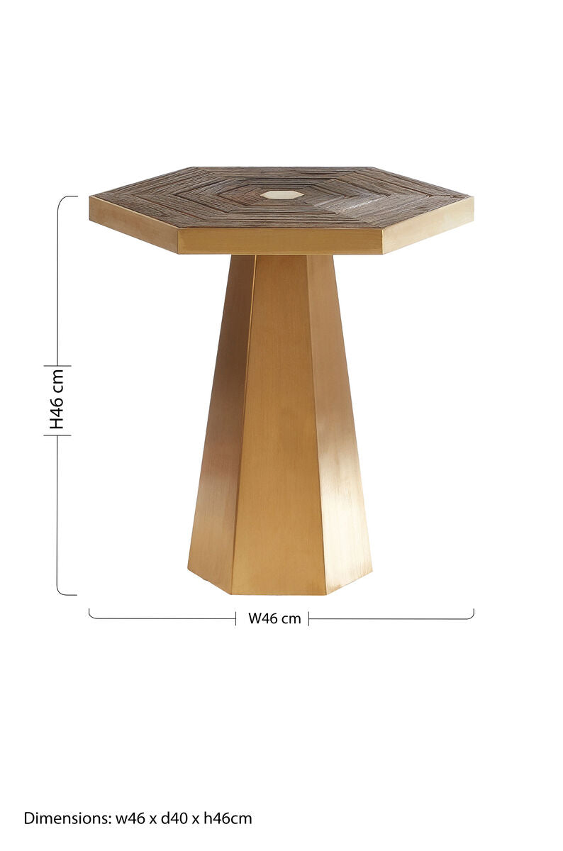 Orsina Small Hexagon End Table – Grooved Elm Wood and Gold Accent