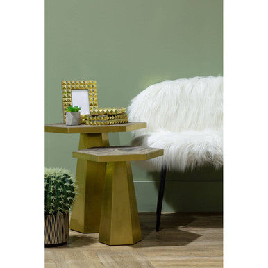 Orsina Small Hexagon End Table – Grooved Elm Wood and Gold Accent
