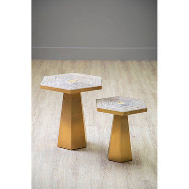 Orsina Small Hexagon End Table – Grooved Elm Wood and Gold Accent