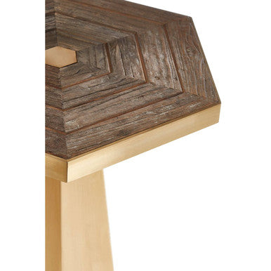 Orsina Small Hexagon End Table – Grooved Elm Wood and Gold Accent
