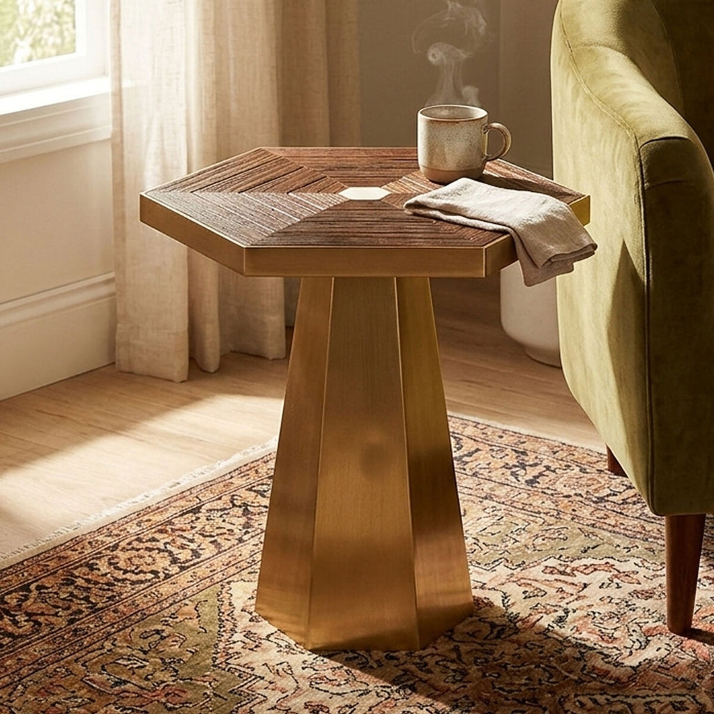 Orsina Small Hexagon End Table – Grooved Elm Wood and Gold Accent