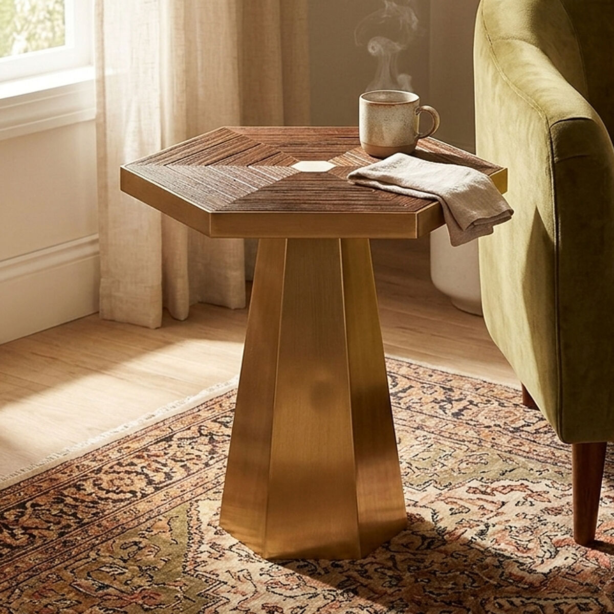 Orsina Small Hexagon End Table – Grooved Elm Wood and Gold Accent