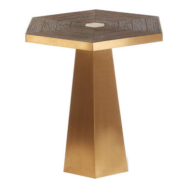 Orsina Titan Large Hexagon End Table – Grooved Elm Wood and Gold
