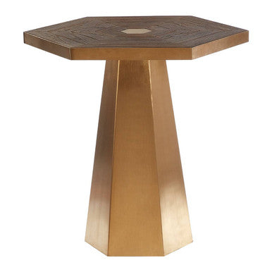 Orsina Titan Large Hexagon End Table – Grooved Elm Wood and Gold