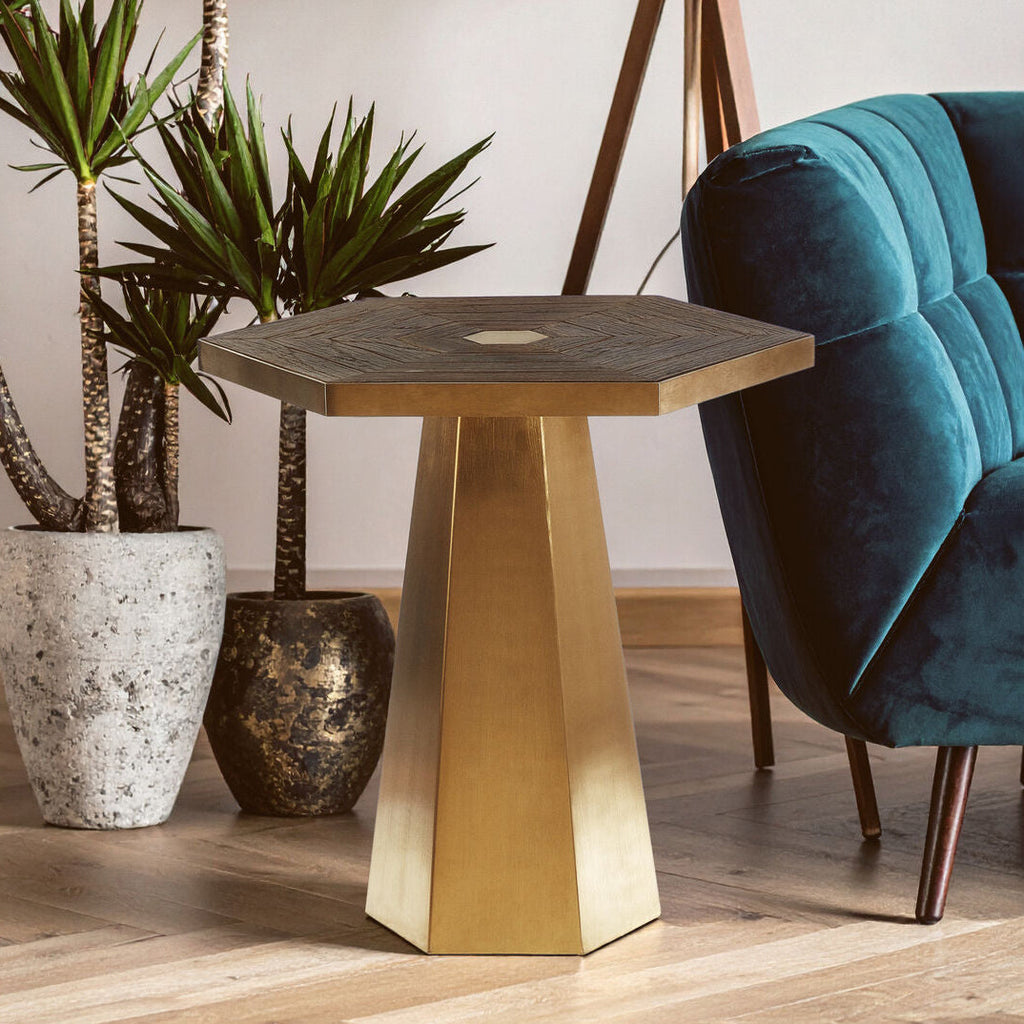 Orsina Titan Large Hexagon End Table – Grooved Elm Wood and Gold
