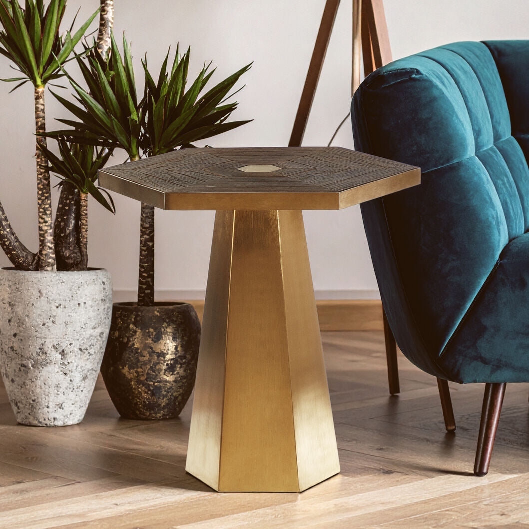 Orsina Small Hexagon End Table – Grooved Elm Wood and Gold Accent