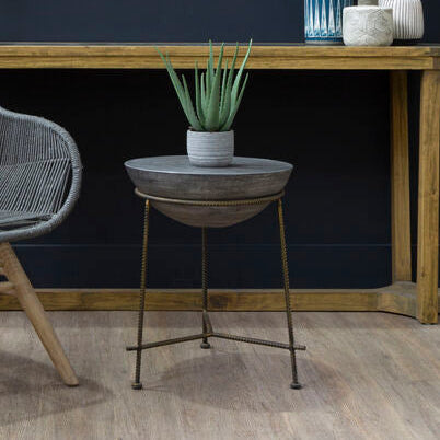 Orsina Antique Silver Concrete Bowl Side Table with Iron Base