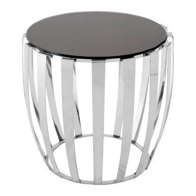 Orsina Yasmin Side Table | Black Tempered Glass & Silver Stainless Steel