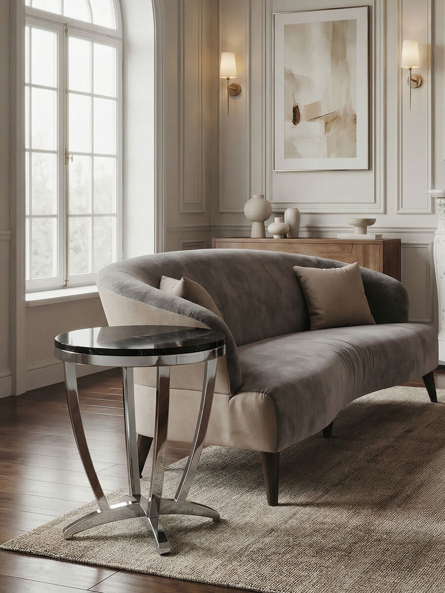 Orsina Yasmin Side Table – Black Tempered Glass & Silver Stainless Steel