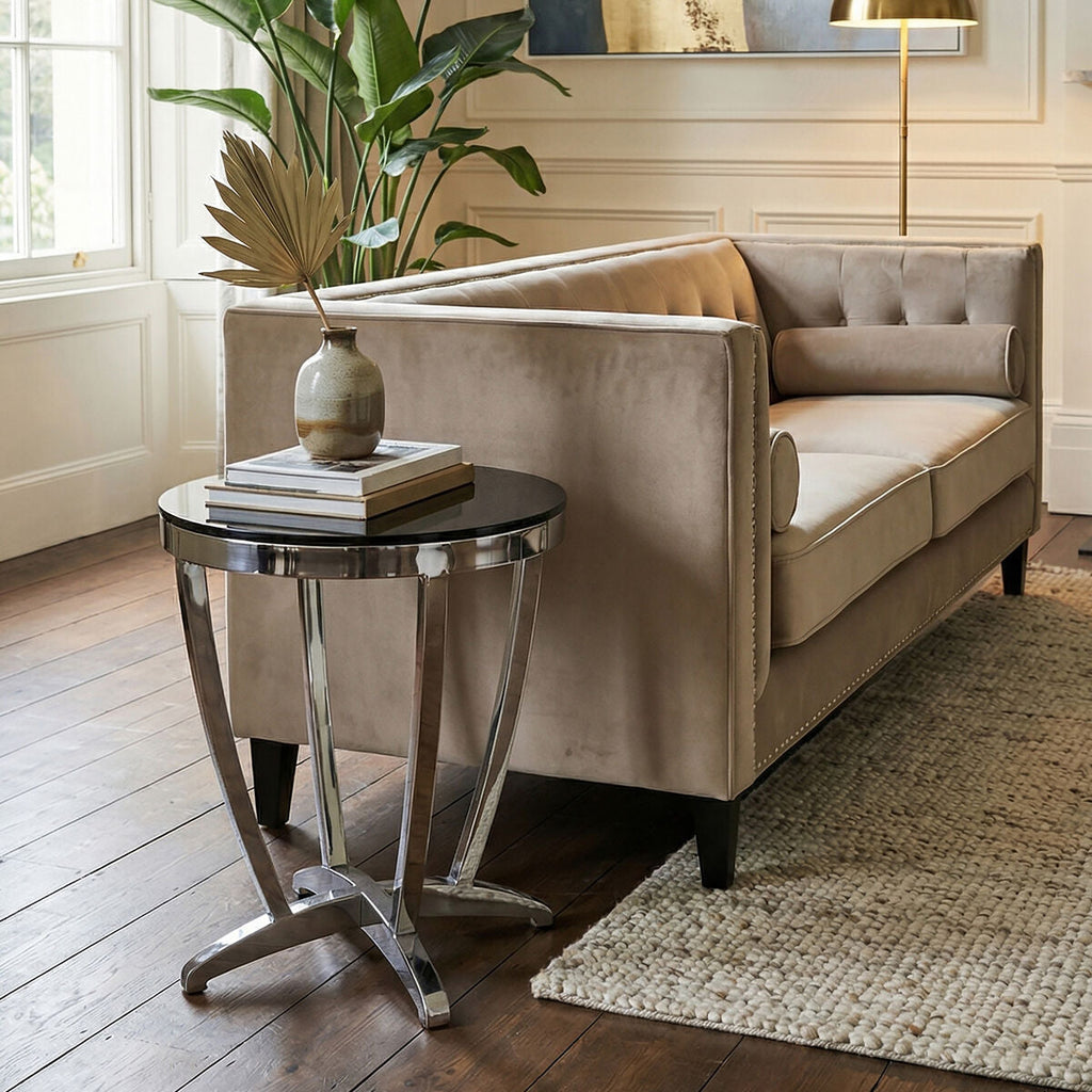 Orsina Yasmin Side Table – Black Tempered Glass & Silver Stainless Steel