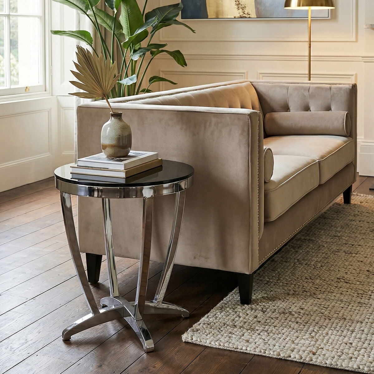 Orsina Yasmin Side Table – Black Tempered Glass & Silver Stainless Steel