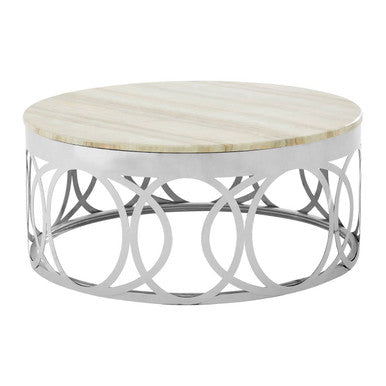 Orsina Yasmin White Marble Coffee Table | Silver Stainless Steel Base