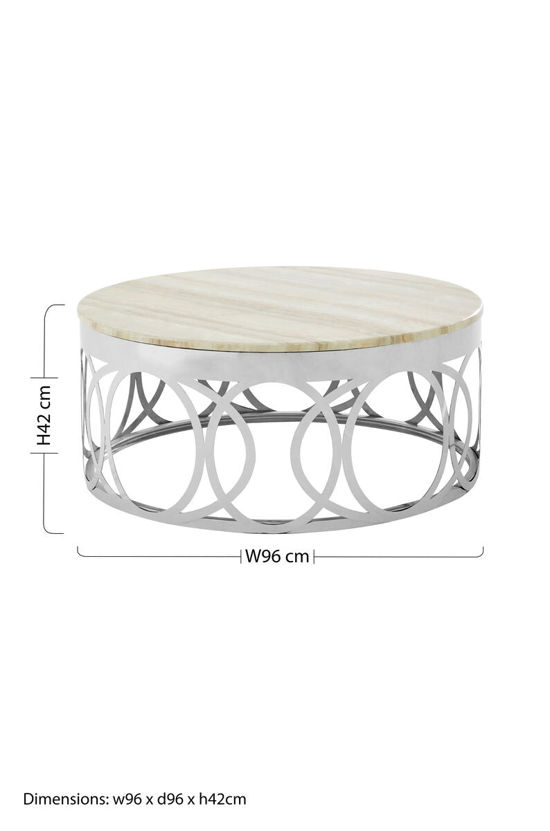 Orsina Yasmin White Marble Coffee Table | Silver Stainless Steel Base