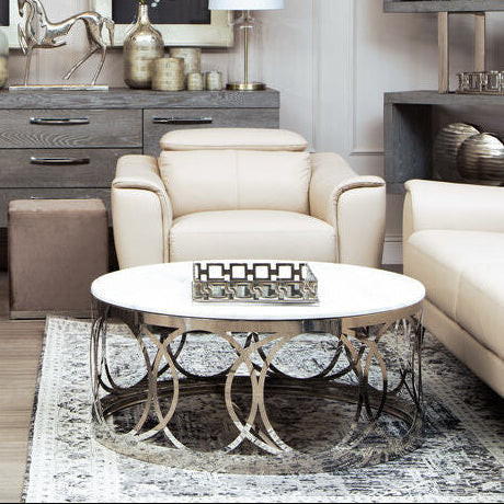 Orsina Yasmin White Marble Coffee Table | Silver Stainless Steel Base