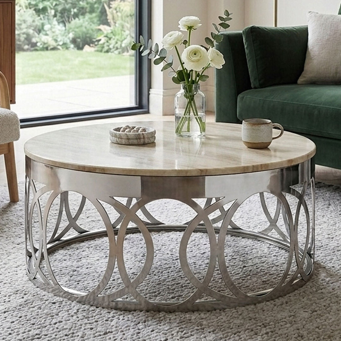 Orsina Yasmin White Marble Coffee Table | Silver Stainless Steel Base
