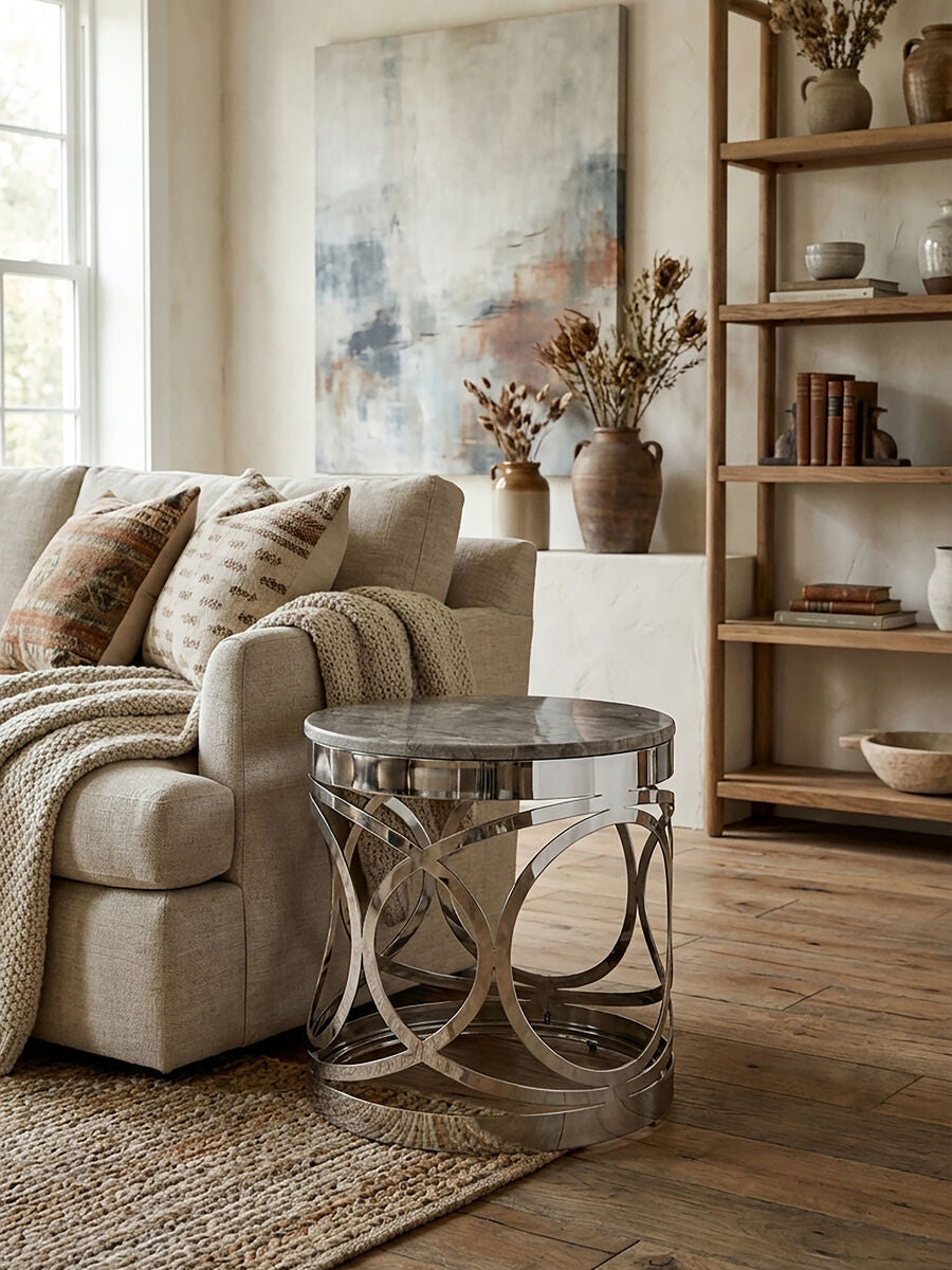 Orsina Yasmin White Marble Side Table | Stainless Steel Base