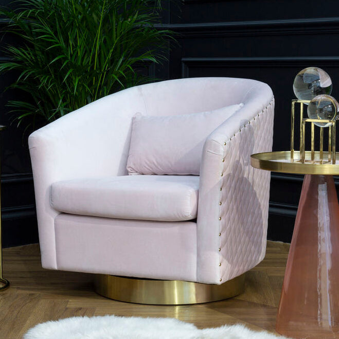 Orsina Pink Velvet Swivel Accent Chair with Gold Base and Quilting