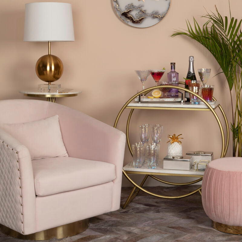 Orsina Pink Velvet Swivel Accent Chair with Gold Base and Quilting
