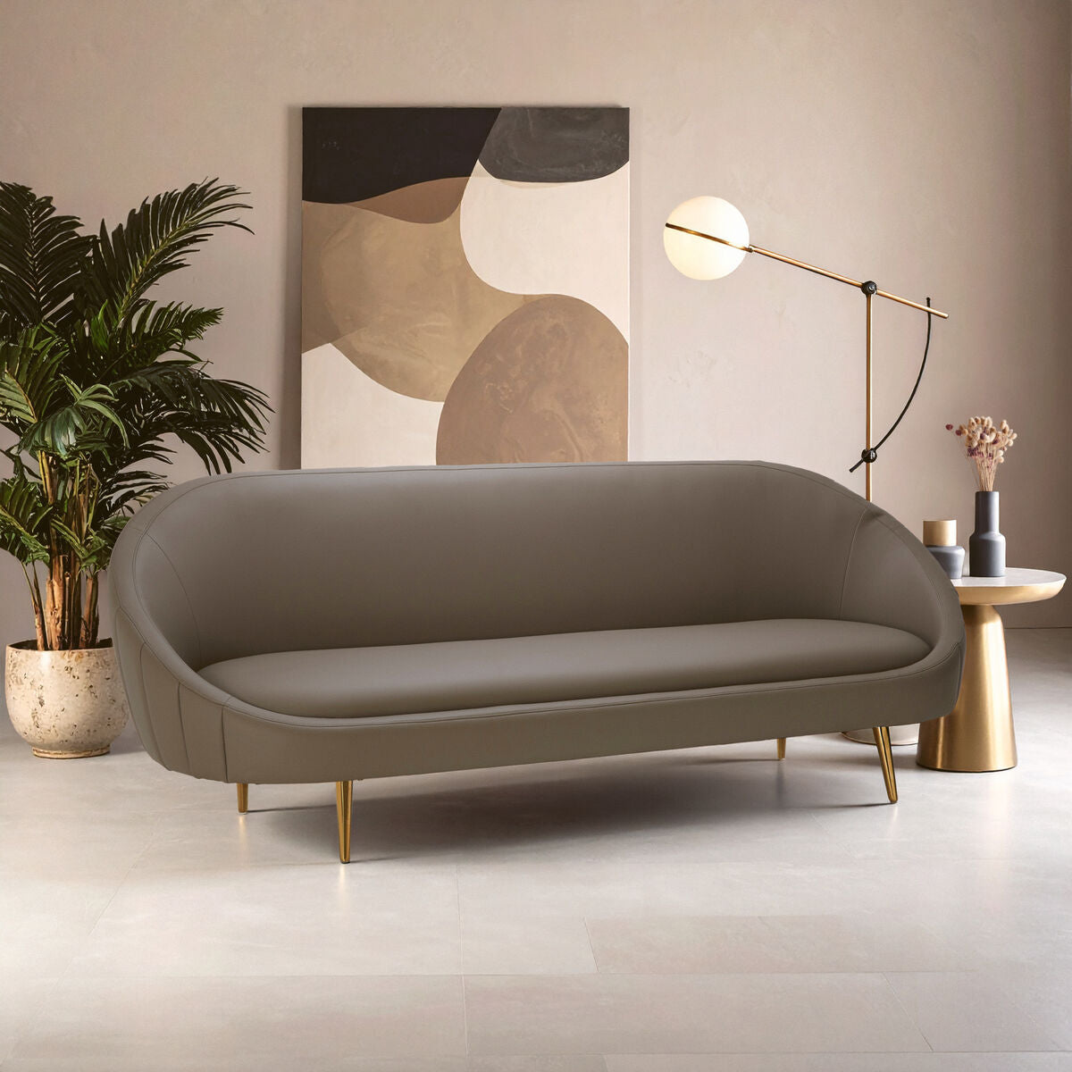 Orsina Lagero Brown Faux Leather Sofa with Gold Legs and Tufting