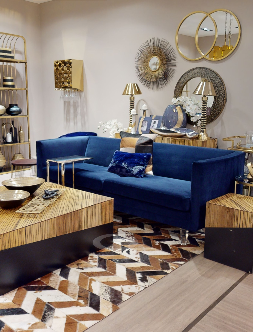 Orsina Pinner Dark Blue Fabric Sofa with Clear Acrylic Legs