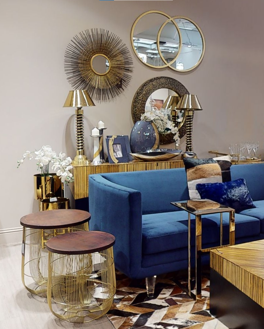 Orsina Pinner Dark Blue Fabric Sofa with Clear Acrylic Legs
