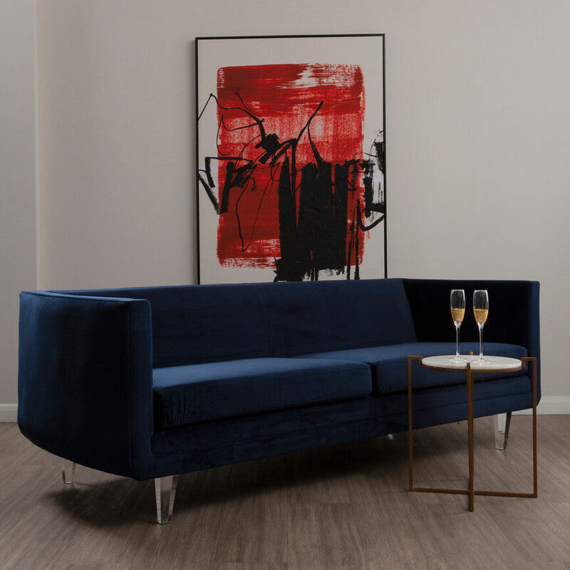 Orsina Pinner Dark Blue Fabric Sofa with Clear Acrylic Legs