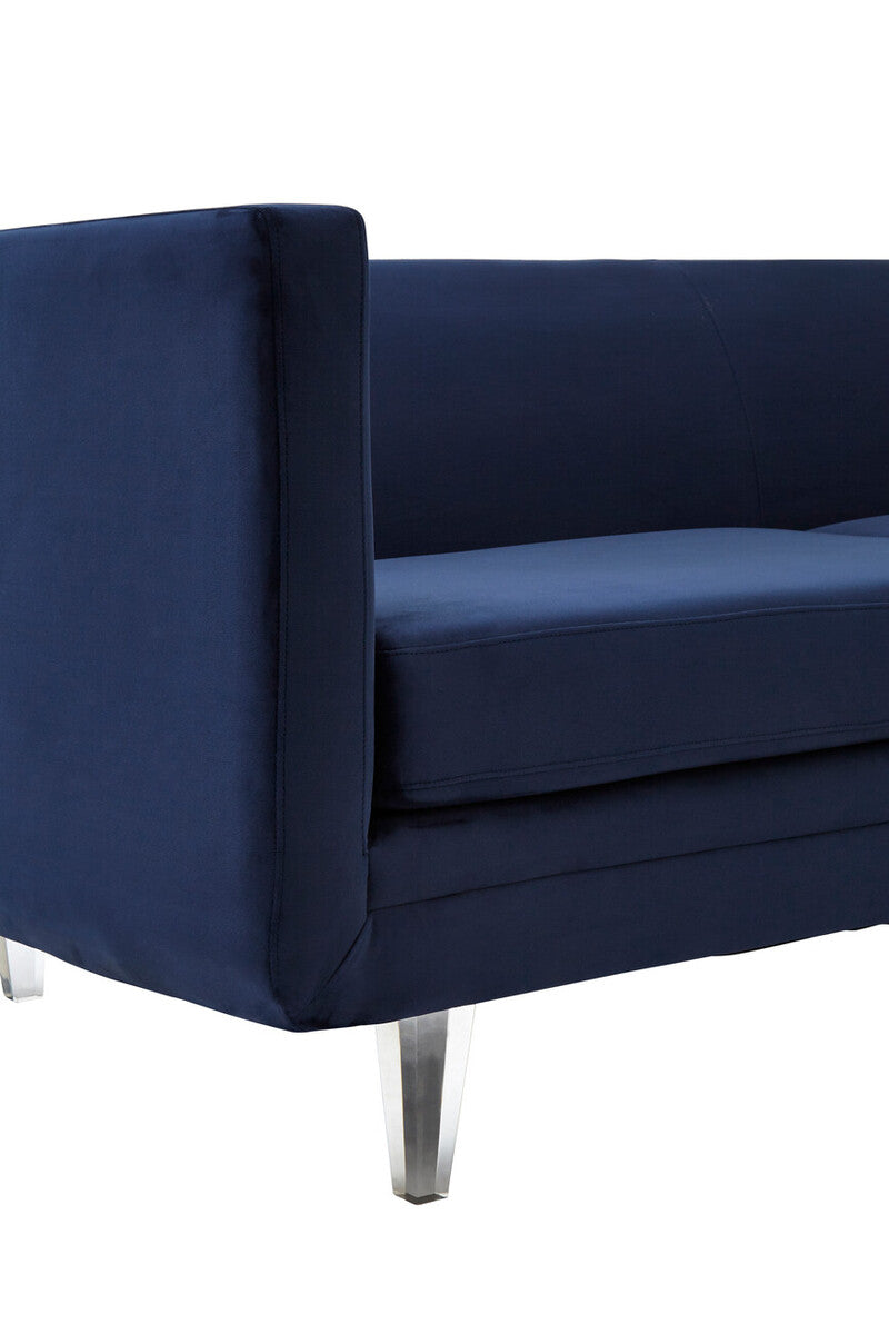 Orsina Pinner Dark Blue Fabric Sofa with Clear Acrylic Legs