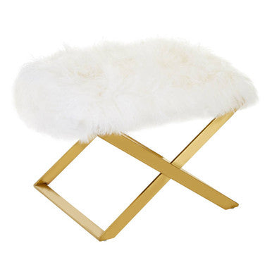 Orsina Anafi White Sheepskin Stool | Modern Gold Metal Vanity Perch
