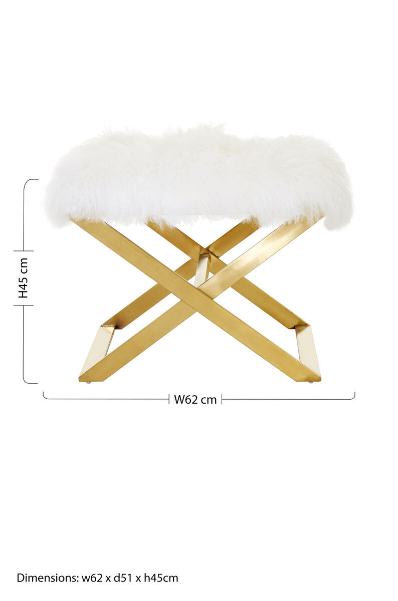 Orsina Anafi White Sheepskin Stool | Modern Gold Metal Vanity Perch