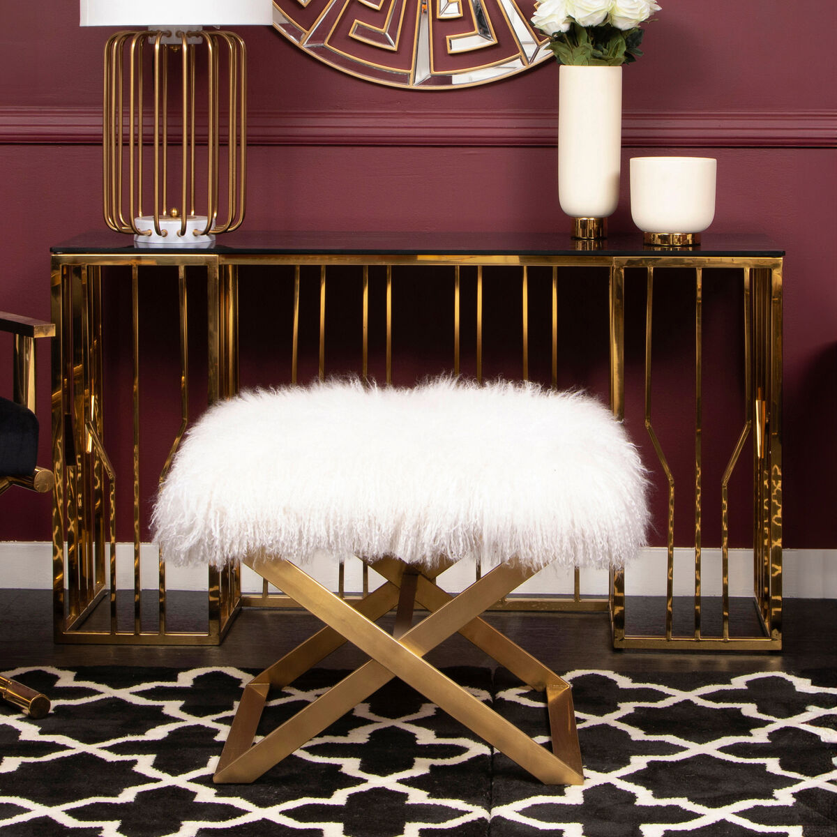 Orsina Anafi White Sheepskin Stool | Modern Gold Metal Vanity Perch