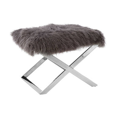Orsina Anafi Grey Sheepskin Stool | Modern Silver Cross-Legged Ottoman