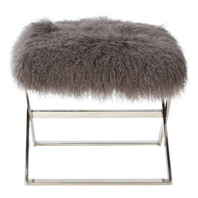 Orsina Anafi Grey Sheepskin Stool | Modern Silver Cross-Legged Ottoman