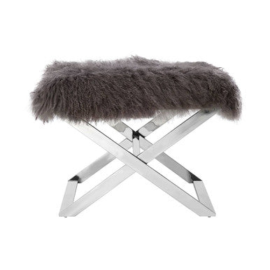 Orsina Anafi Grey Sheepskin Stool | Modern Silver Cross-Legged Ottoman