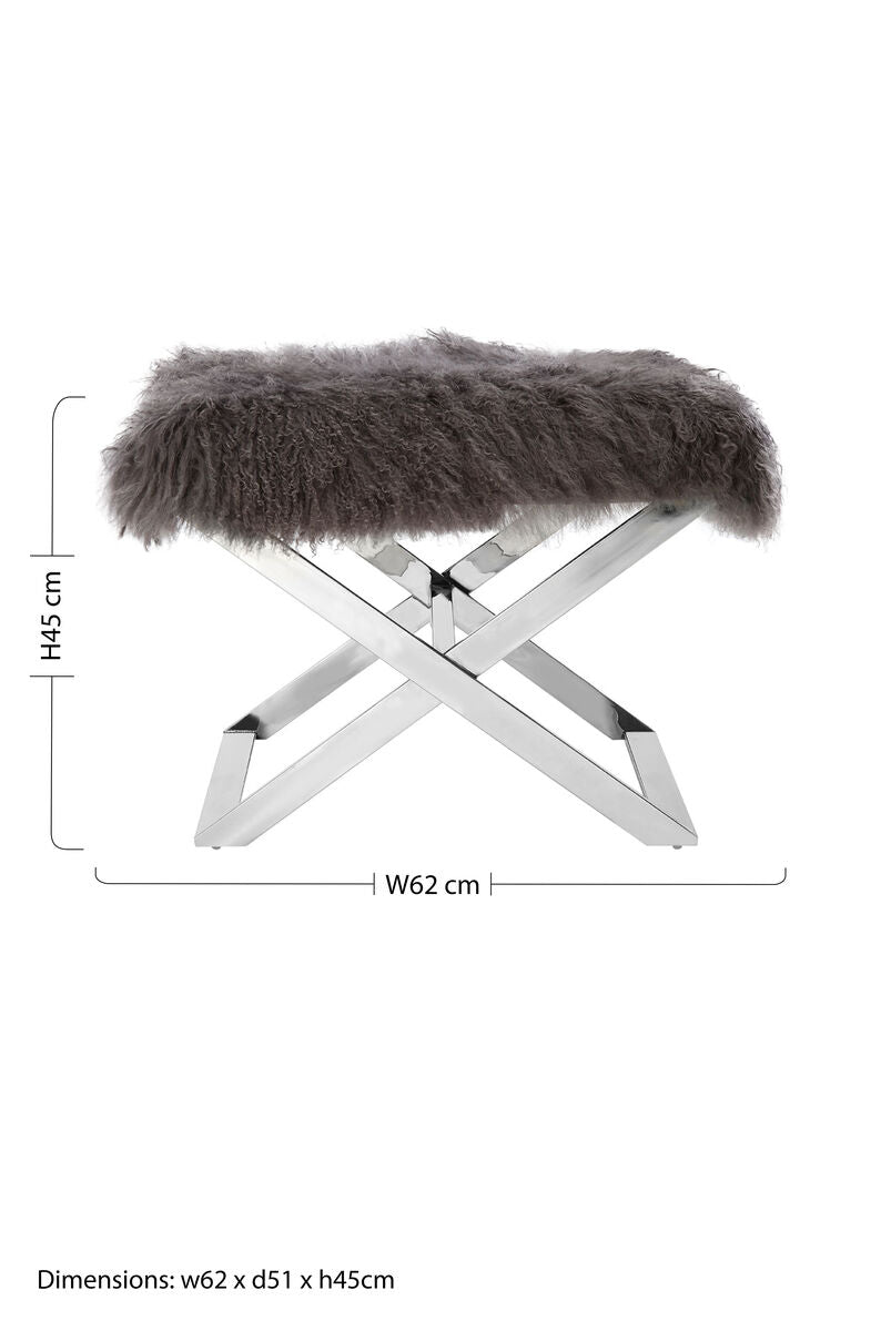 Orsina Anafi Grey Sheepskin Stool | Modern Silver Cross-Legged Ottoman
