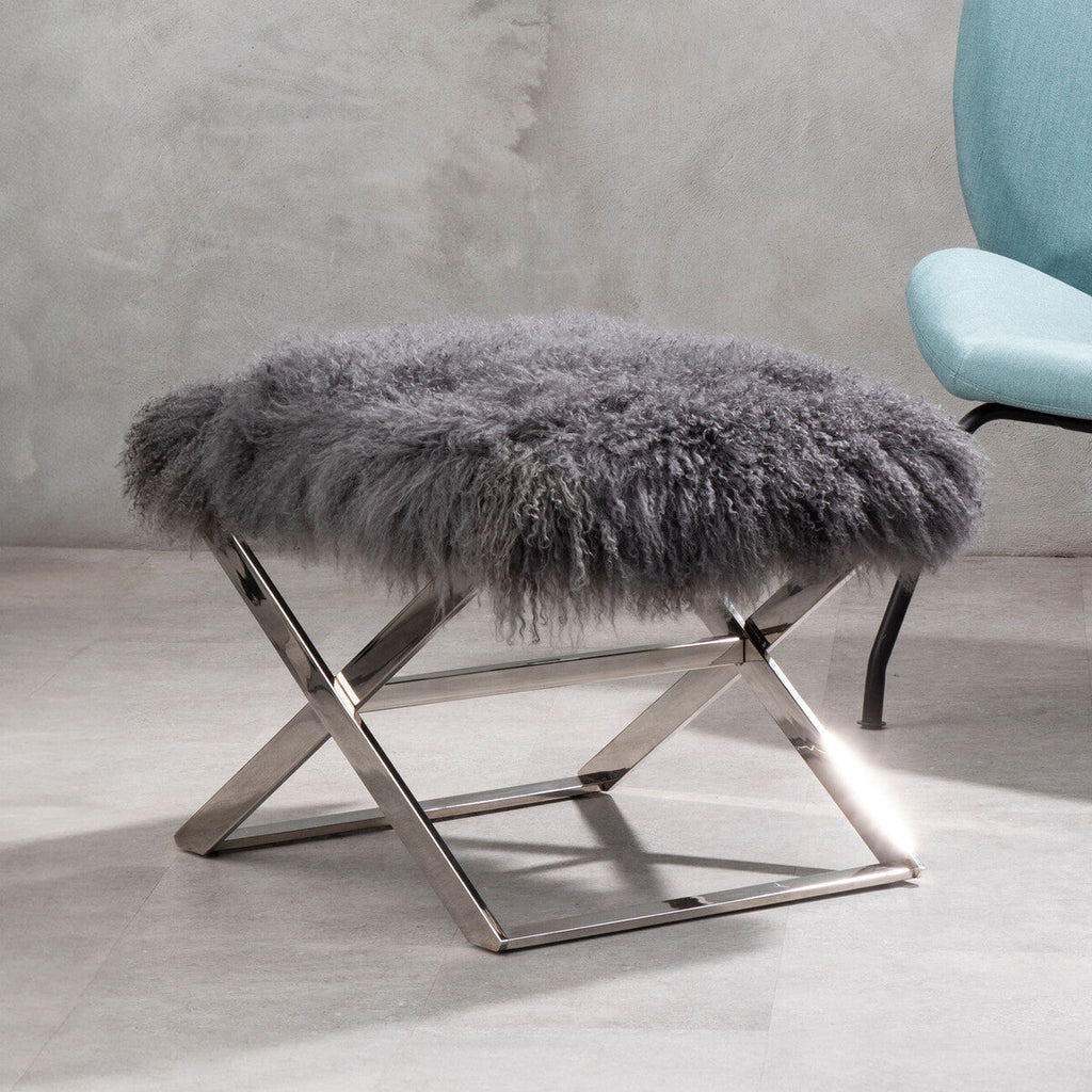 Orsina Anafi Grey Sheepskin Stool | Modern Silver Cross-Legged Ottoman
