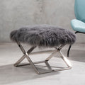 Orsina Anafi Grey Sheepskin Stool | Modern Silver Cross-Legged Ottoman