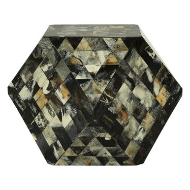 Orsina Hexagonal Side Table – Green and Cream Resin Mosaic Geometric