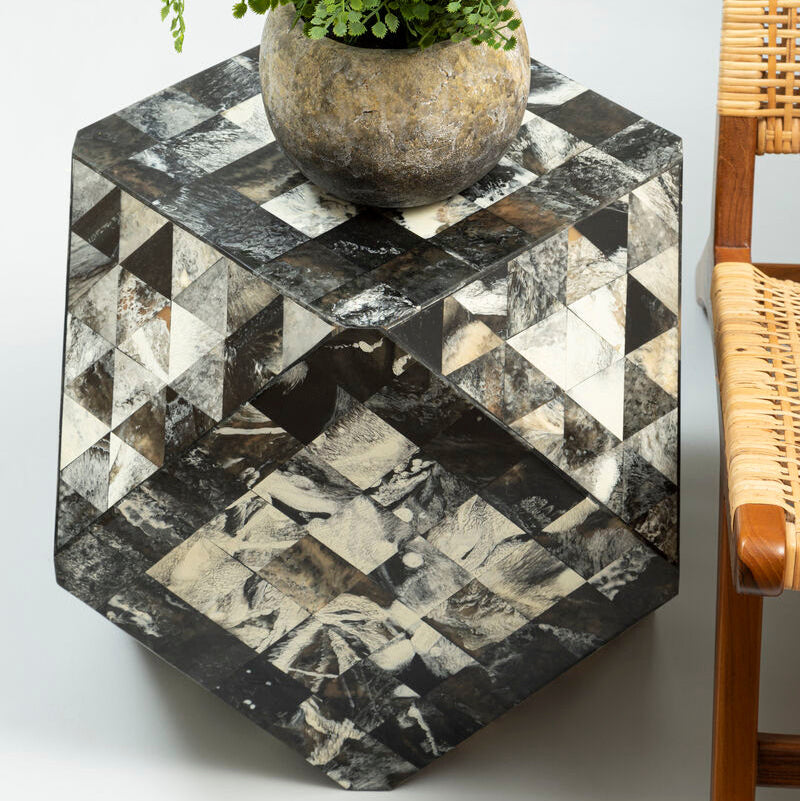 Orsina Hexagonal Side Table – Green and Cream Resin Mosaic Geometric
