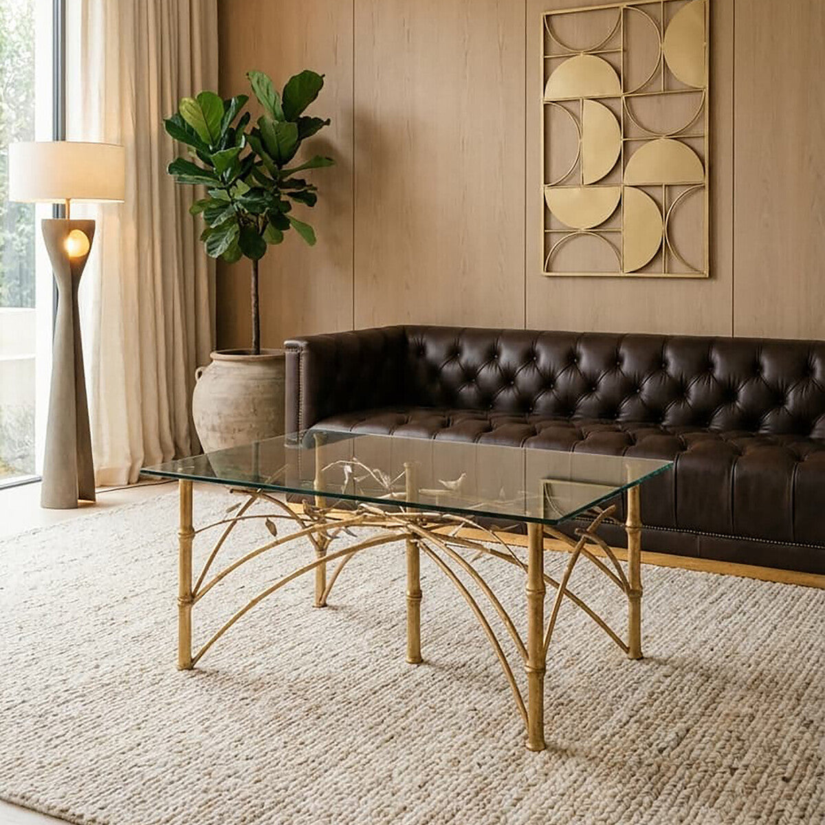 Orsina Zariah Glass Accent Table – Gold Bamboo Design Metal Legs
