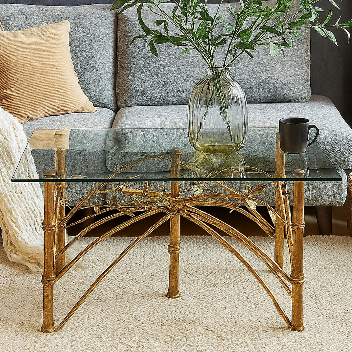 Orsina Zariah Glass Accent Table – Gold Bamboo Design Metal Legs