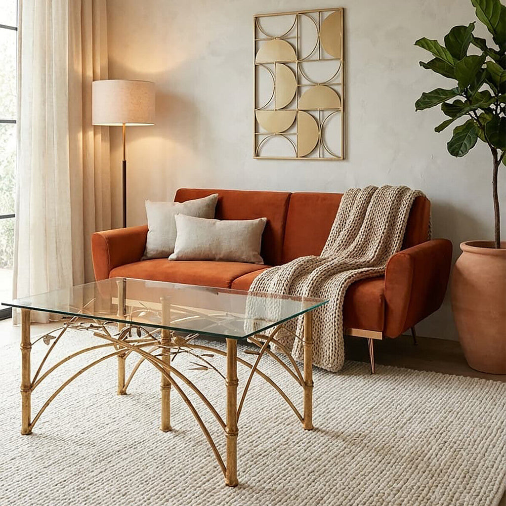 Orsina Zariah Glass Accent Table – Gold Bamboo Design Metal Legs