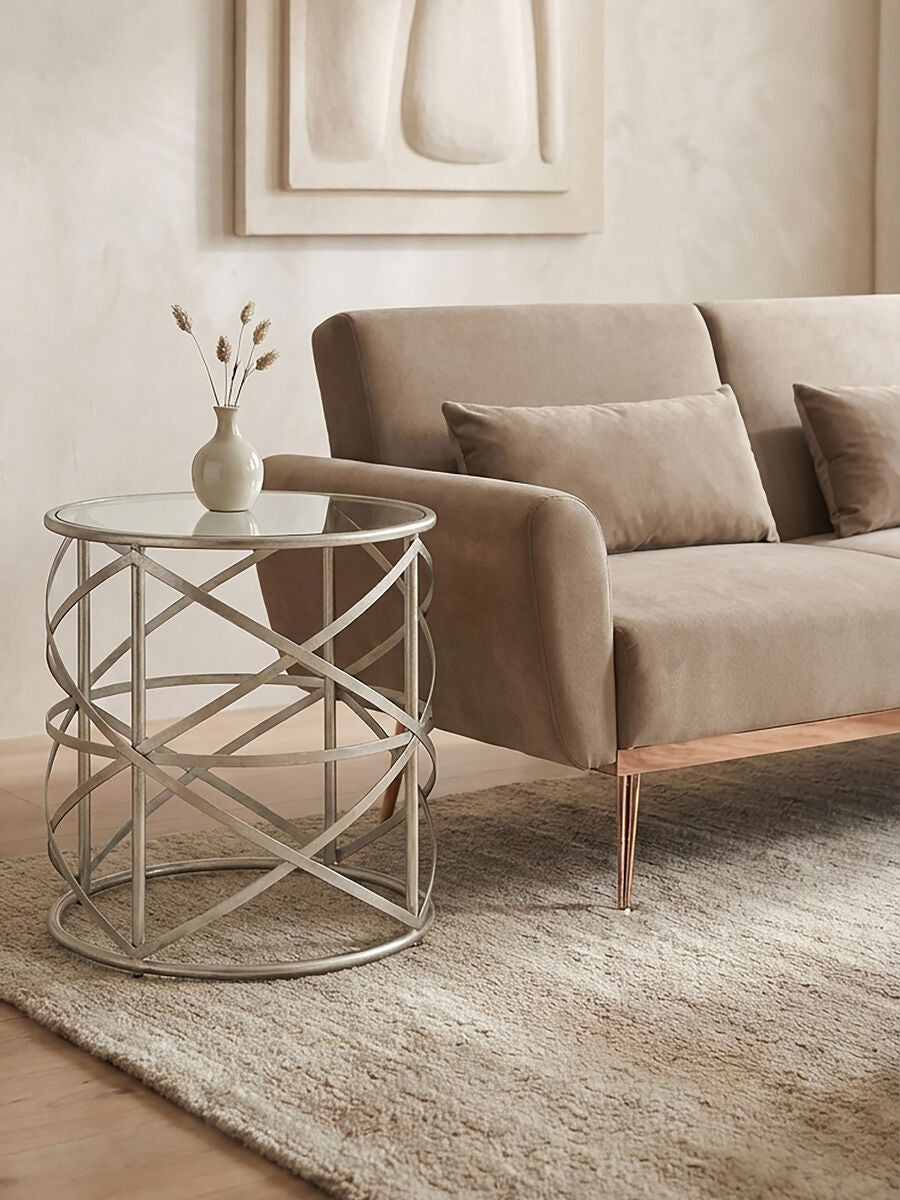 Orsina Rubia Side Table – Silver Distressed Iron & Tempered Glass