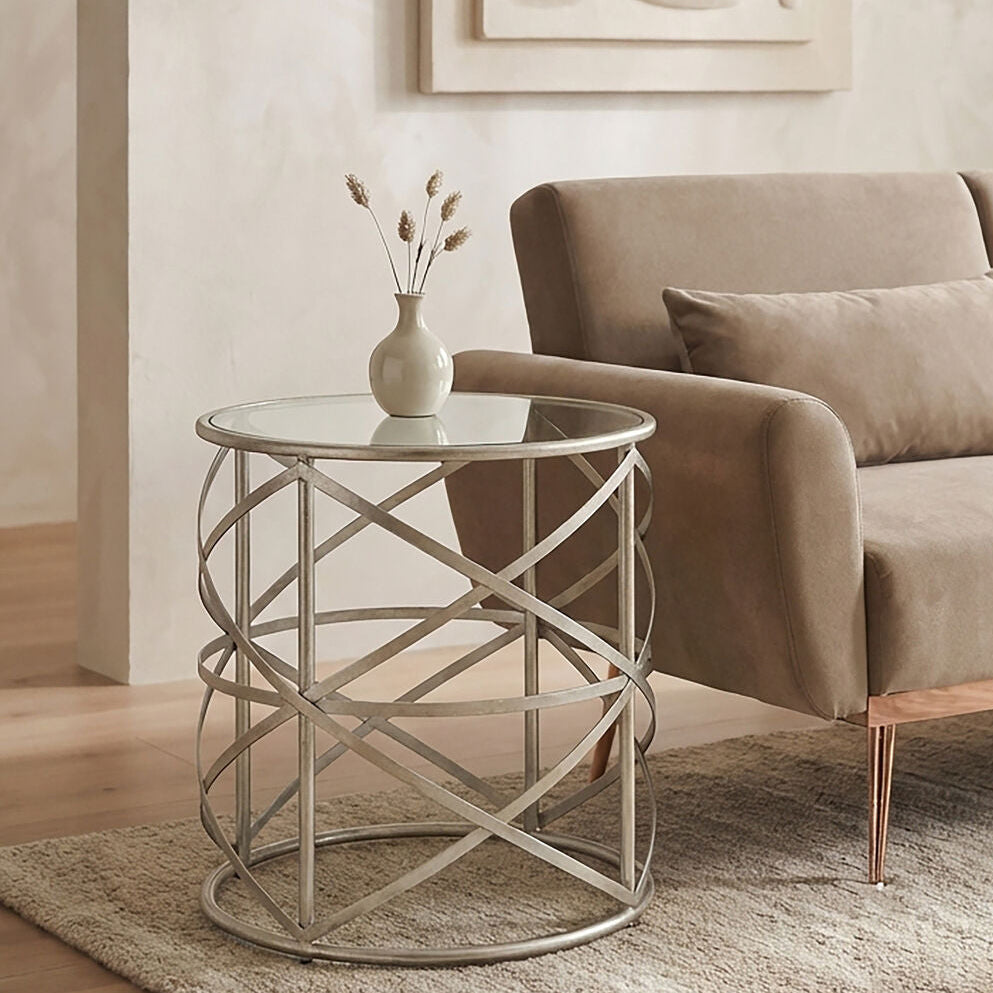 Orsina Rubia Side Table – Silver Distressed Iron & Tempered Glass
