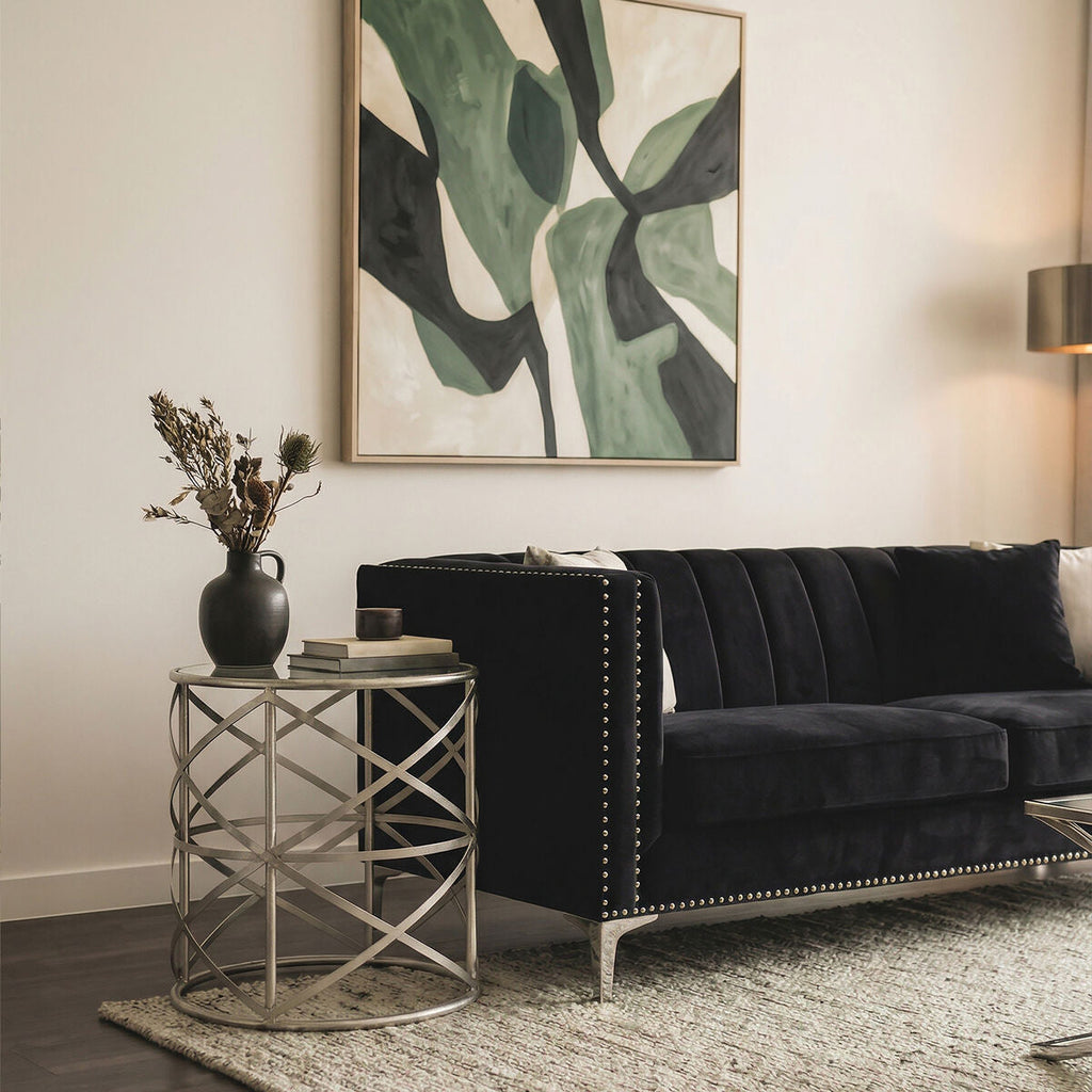 Orsina Rubia Side Table – Silver Distressed Iron & Tempered Glass