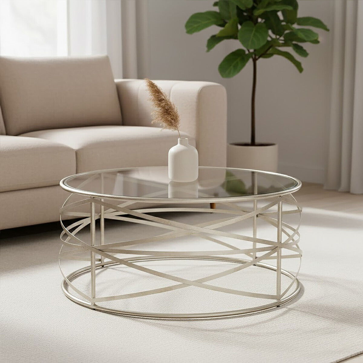 Orsina Rubia Silver Distressed Iron and Glass Coffee Table